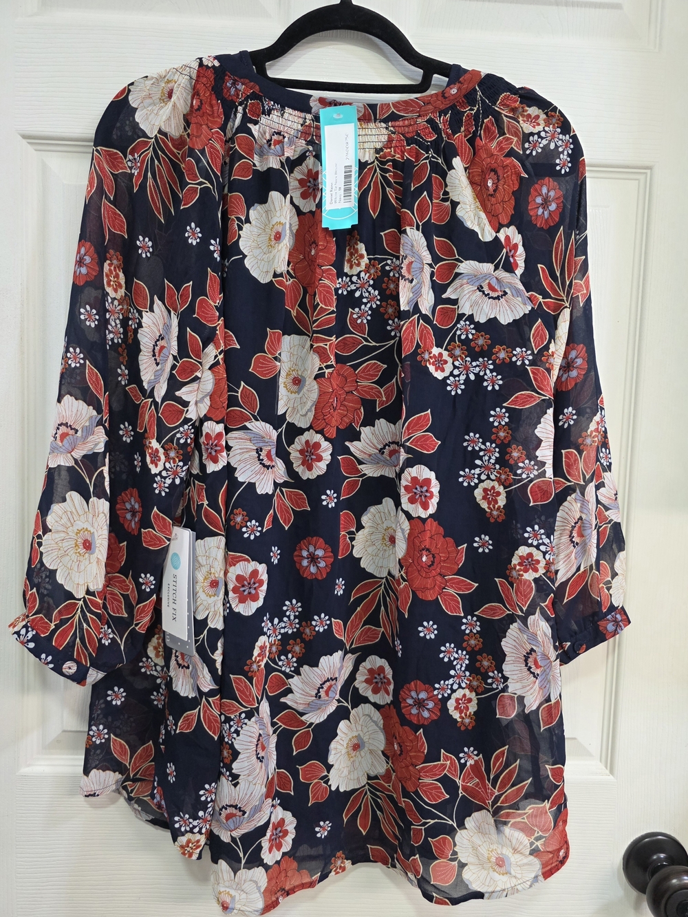 2 Piece Daniel Rainn Navy Floral Tie-Front Peasant Blouse With Blue Tank - Picture 2 of 5